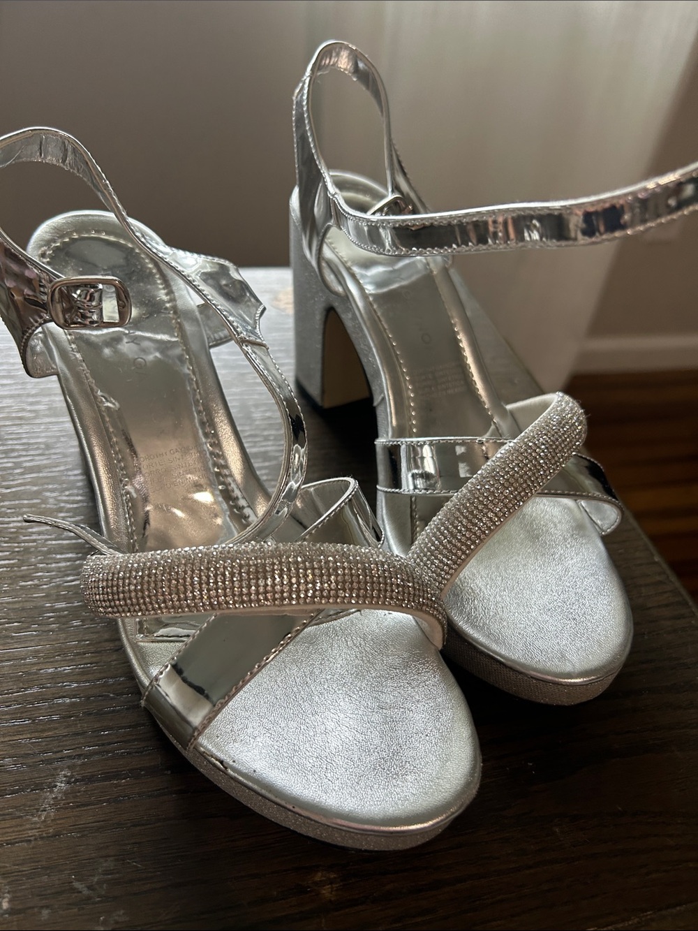 Silver Rhinestone Strap Block Heel Sandals for Women